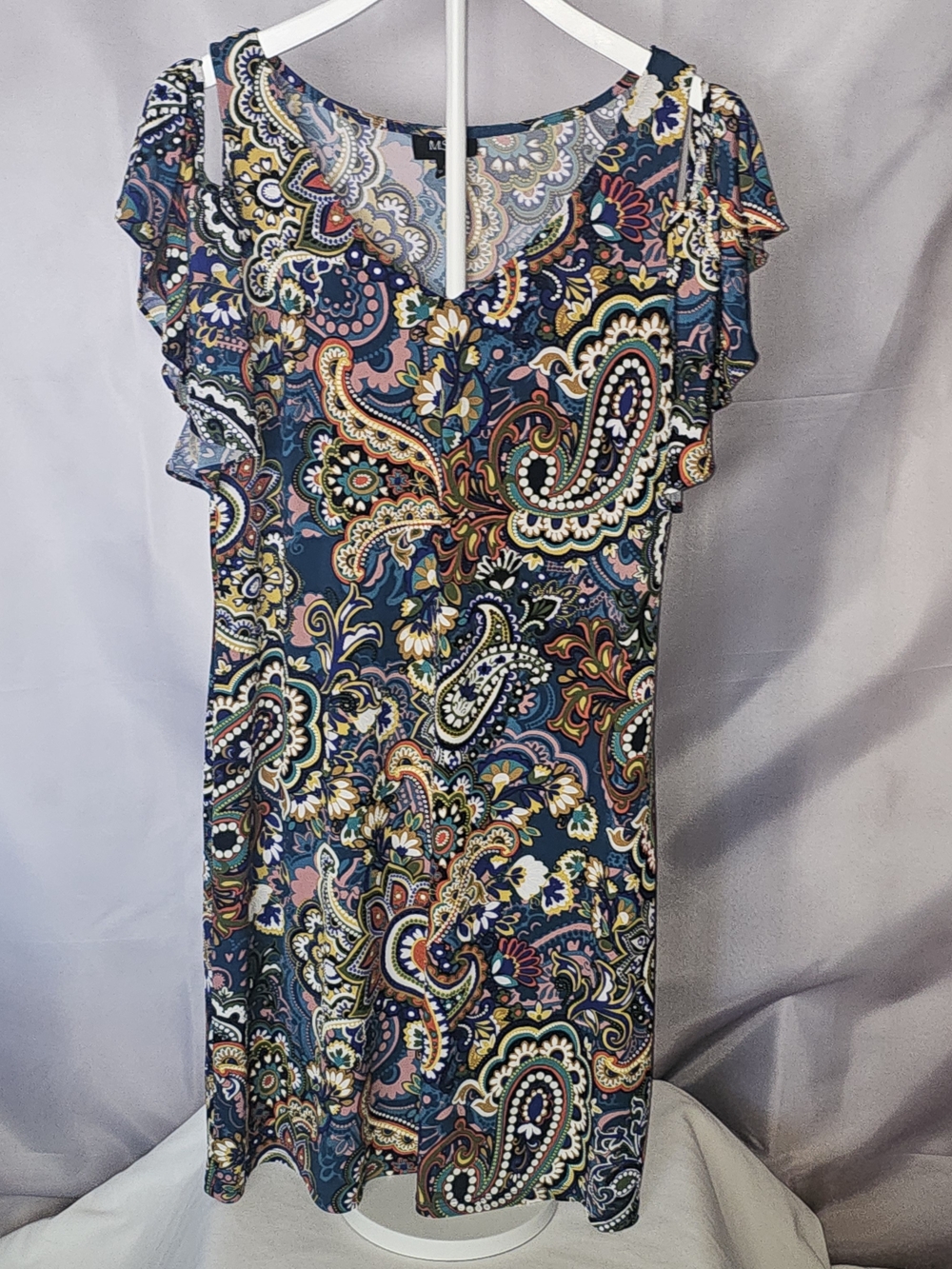 MSK Paisley Print Short Sleeve/Cold Shoulder Dress - Navy & Pink